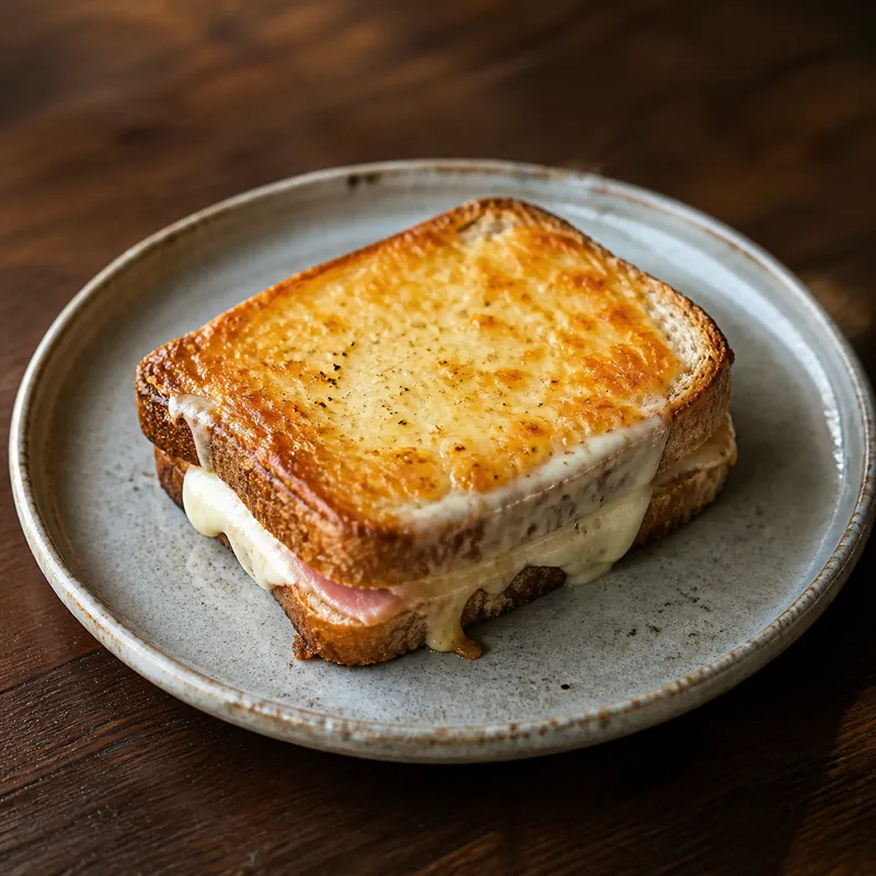 陶器の皿に盛り付けた、チーズとハムを挟んだ焼きサンドイッチ